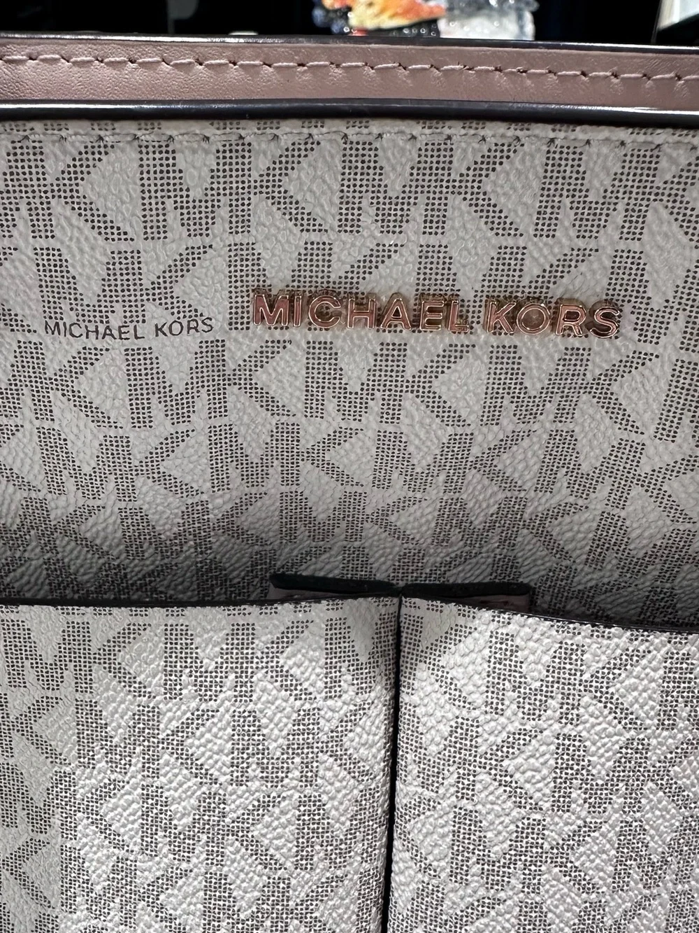 Michael Kors Light Beige Signature MK Pocket Tote with Pink Trim